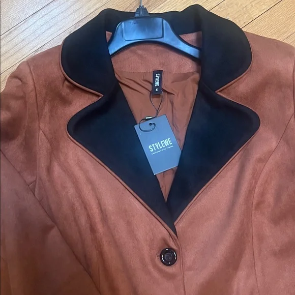 Women’s Suede Trench Coat with Black Trim - Rust - Picture 2 of 5